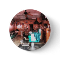 Barber Shop With Green Barber Chairs Pinback Button