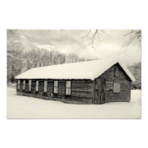 barn snow b/w photo