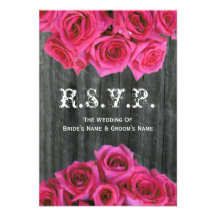 Barnwood and Hot Pink Roses Wedding Small RSVP Custom Announcements