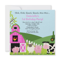 Barnyard Animal Fun Birthday Party Pink Girls Invitations