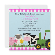 Barnyard Animal Fun Birthday Party Pink Girls Personalized Invites