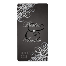 Baroque B&W Scroll Wedding Wine Label