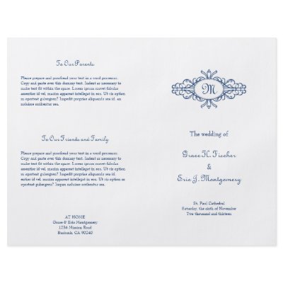 Baroque frame monogram navy blue wedding program full color flyer by FidesDesign