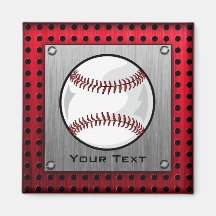 Baseball; Brushed Aluminum look Fridge Magnets