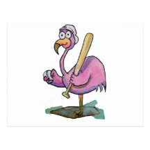 Baseball Pink Flamingo Whimsical Watercolor Postcard