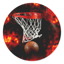 Basketball Net, Ball & Flames Round Stickers