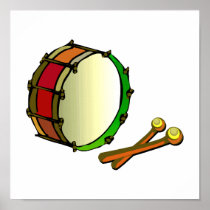 Bass drum with mallets red green posters