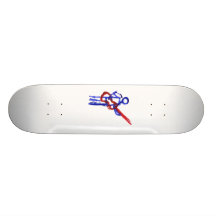 Bass Player outline figure red and blue Skateboards