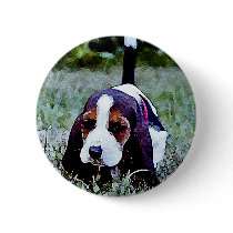 Basset Puppy Walking - Black Brown White Pinback Buttons
