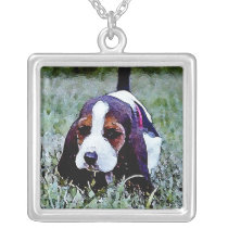 Basset Puppy Walking - Black Brown White Personalized Necklace