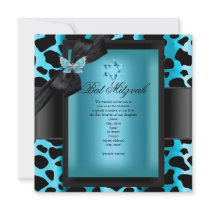 Bat Mitzvah Leopard Teal Blue Butterfly Custom Invitation