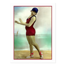 Bathing Beauty in deep cranberry bathing suit Post Cards