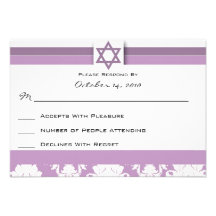 Batte de damassé/carte- de réponse pourpres Mitzva Invitation Personnalisée