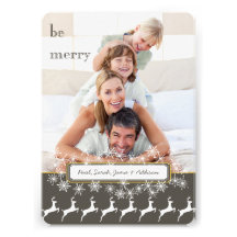 Be Merry Grey Yellow Family Photo Holiday Reindeer Announcement