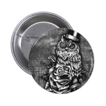 Be wise tattoo style owl artwork. button