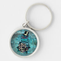 Be Wise tattoo style owl on digital Teal wood base Key Chain