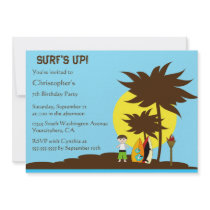 Beach birthday party brown hair boy 5x7 invitation