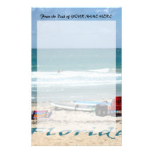 beach chairs surfboards umbrellas sand ocean customized stationery