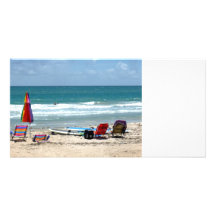 beach chairs surfboards umbrellas sand ocean sm personalized photo card