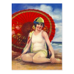 Beach Flapper Girl Postcard Asian Umbrella Cloche