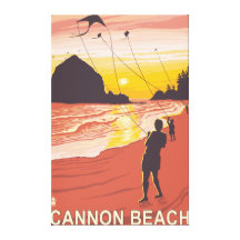 Beach & Kites - Cannon Beach, Oregon Stretched Canvas Print
