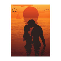 Beach Love Romance Silhouette Couple In The Sea Gallery Wrapped Canvas