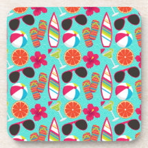 Beach Party Flip Flops Sunglasses Beach Ball Teal Coasters