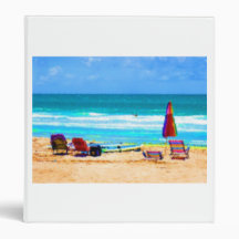beach scene painterly chairs surfboards umbrellas 3 ring binders