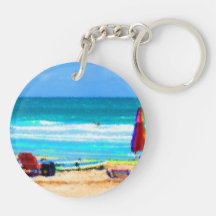 beach scene painterly chairs surfboards umbrellas acrylic key chain
