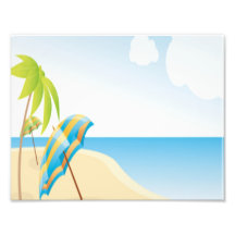 Beach Scene with Umbrella, Palm Trees & Beach Ball Art Photo