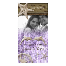 Beach Wedding Photocard Dolphins Purple Shells Personalized Photo Card
