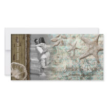 Beach Wedding Photocard Seashell Beige Wood Photo Card