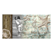 Beach Wedding Photocard Seashell Beige Wood Photo Card