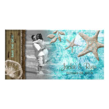 Beach Wedding Photocard Seashell Blue Wood Photo Card Template