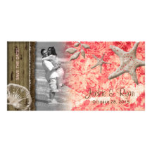 Beach Wedding Photocard Seashell Coral Wood Custom Photo Card