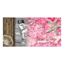 Beach Wedding Photocard Seashell Pink Wood Customized Photo Card