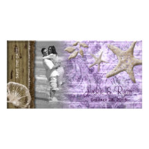 Beach Wedding Photocard Seashell Purple Wood Photo Cards