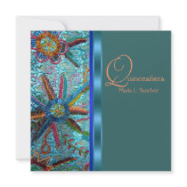 Beaded Turquoise Blue Orange Quinceanera Custom Announcement