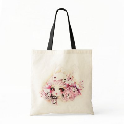 Beautiful girl with cute bunnies canvas bags by daothuyduong