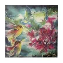 Beautiful Hummingbirds at Night Silk Art Ceramic Tile