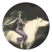*Beauty on Horseback* Vintage Woman Round Stickers