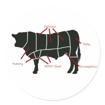 Beef Butcher Chart - Tasty Delicious Yummy Beef! Round Sticker
