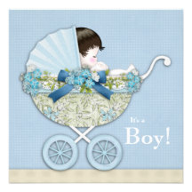 Beige Baby Blue Baby Carriage Boy Shower Custom Invitations
