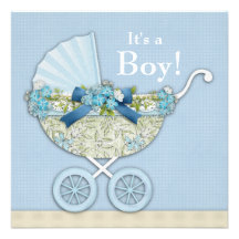 Beige Baby Blue Baby Carriage Boy Shower Custom Announcements