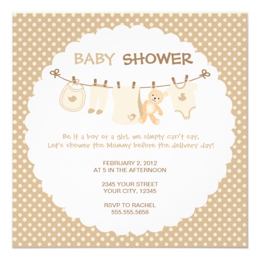 Beige Baby Clothes Line Shower Invitations