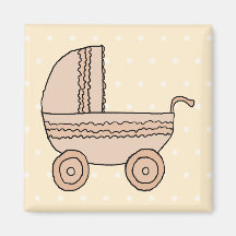 Beige Baby Pram. On spotty background. Refrigerator Magnets