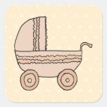 Beige Baby Pram. On spotty background. Square Stickers