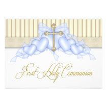 Beige Blue Gold Cross Boys Blue First Communion invitations