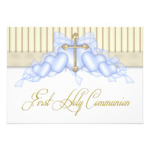 Beige Blue Gold Cross Boys Blue First Communion Custom Invite