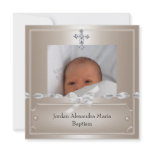 Beige Photo Frame Jewel Cross Baptism invitations